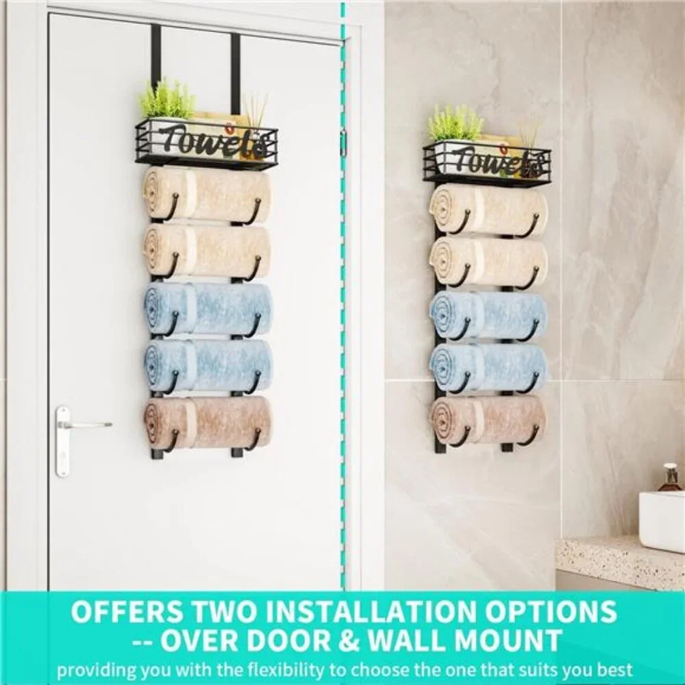 Over Door Towel Rack 6 Tier Bathroom Storage Wall Mount Rolled Towel Organizer